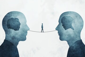 Conceptual art depicting a person walking on a tightrope between two abstract heads, symbolizing connection and communication.