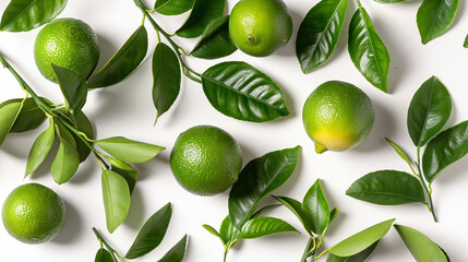 Fresh green limes and branches with leaves arranged on a white background, emphasizing the vibrant colors and natural beauty of the citrus fruits and foliage