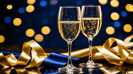 Christmas photo of two tall, slender champagne glasses filled with sparkling champagne, The rich background, deep blue with bokeh effect, creating a sense of depth and celebration.