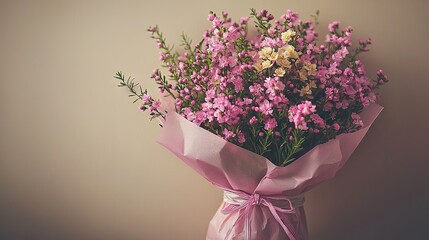 Poster -  A pink & yellow flower bouquet, wrapped in pink ribbon & tied with pink bow on beige background