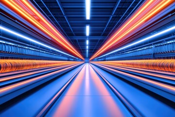 Futuristic illuminated tunnel with vibrant blue and orange light streaks, creating a sense of speed and motion.