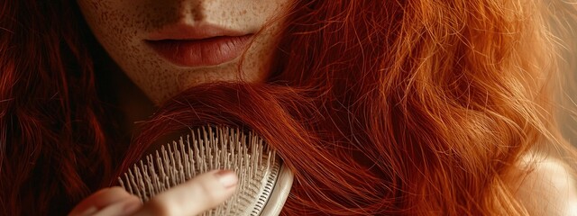 Canvas Print - red-haired woman holding a hairbrush with hair. Selective focus