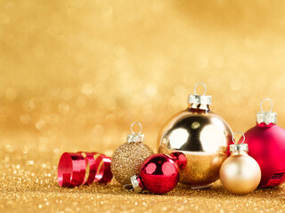 Sticker - red and gold christmas balls on golden bokeh background