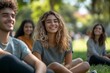 © Rising Monk - Student friendship concept with multiracial classmate friends sitting together on the grass at campus college park. Millennial people having fun social gathering outside. Youth and, Generative AI