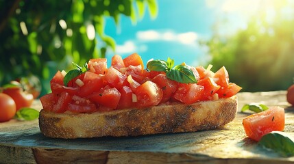 Canvas Print -   A close-up of a slice of bread with ripe tomatoes and fresh basil leaves on top