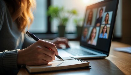 A close-up of a woman’s hand holding a pen, jotting down notes in a small notebook during an online meeting.