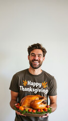 Happy Thanksgiving ! Cheerful man holding a turkey dish, presenting it with pride, standing against a light grey background, dressed in casual fall attire.