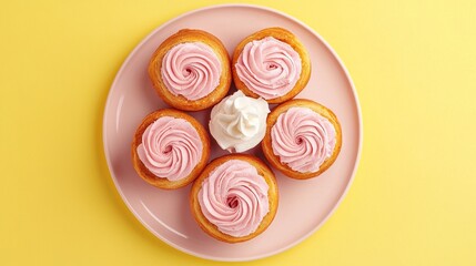 Canvas Print -   A plate topped with pink frosted donuts atop a yellow and pink table, nestled beside a cup of whipped cream