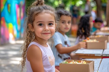 school cafeteria bursting with murals and a lively chatter of children enjoying lunch.