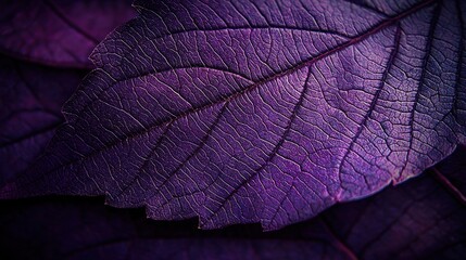 Poster -   A close-up of a vibrant purple leaf on a dark background, with a slightly blurred image of the upper portion of the foliage