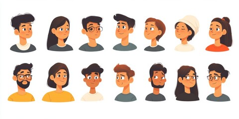 Cheerful, curious, happy people flat  illustration set. Men and women peeping, staring, smiling cartoon characters collection. Male and female portraits bundle. Adorable guys and girls, Generative AI