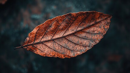 Wall Mural -   A close-up of a leaf with water droplets on its brown leaves against a black background