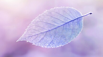 Poster -   A close-up of a blue leaf with water droplets on its leaves is blurred by the background