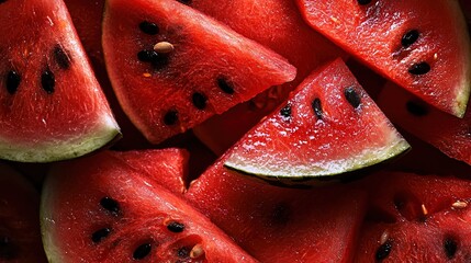 Wall Mural -   Watermelon slices stacked neatly atop a bed of more watermelon