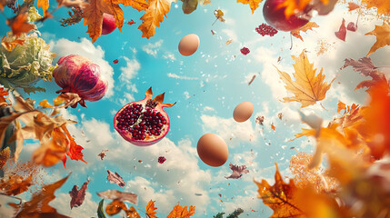 Poster -   A panorama of various fruits soaring through the sky against a backdrop of blue heavens and cloudy horizons