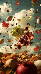 Canvas Print -   A pomegranate encircled by autumn foliage, eggs, and cascading items from a cloudy azure sky