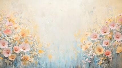 Poster -   A vibrant painting featuring pink and yellow flowers set against a blue and yellow backdrop with white and yellow blossoms gracing the right side