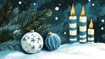 Canvas Print - A festive Christmas or New Year card featuring white and blue ornaments next to glowing striped candles, framed by a green fir branch, on a snowy background.