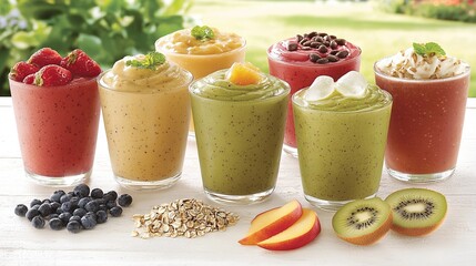 Sticker -   A variety of smoothies are displayed on a table, including fruit, nuts, and oatmeal options