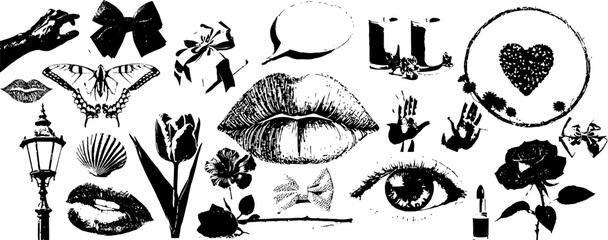 collection of black and white graphic design elements including hearts, flowers, lips, eyes, butterflies, bows, and more.