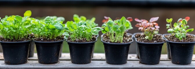 Pots with various vegetables flowers seedlings garden composition background