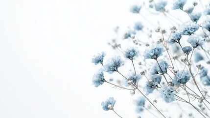 Poster -    blue flowers on a white background with a blurred sky in the background is displayed