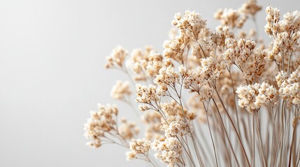 Poster -   A sharp close-up of a group of vivid flowers against a clean white backdrop with a softly blurred depiction of the blossoms in the distance