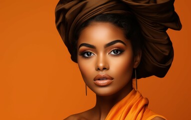 Wall Mural - A woman with a brown head scarf and orange dress. She has a nice smile and is looking at the camera