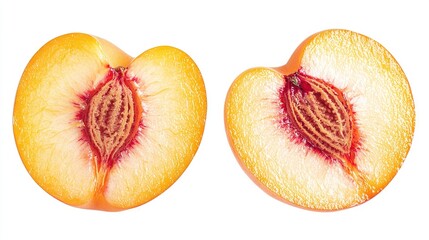 Wall Mural -   A halved peach atop a white table, with another halved peach nearby