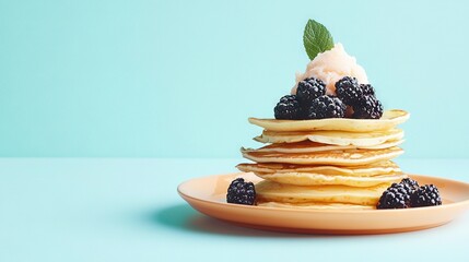 Sticker -   A plate with pancakes and blackberries, topped with fresh mint