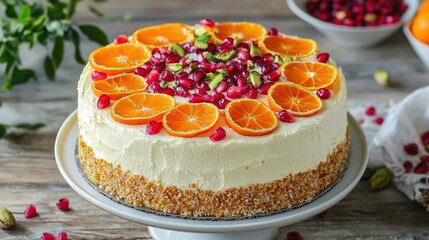 Canvas Print -   A white cake stand displays an orange and pomegranate-decorated cake on a wooden table