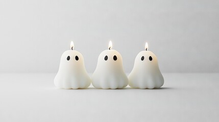 Wall Mural -   Three ghost candlesticks atop a white table beside a white wall