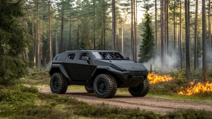 An armored vehicle with a sleek, angular design navigates through a forest fire, showcasing its capability to combat flames while smoke billows in the background