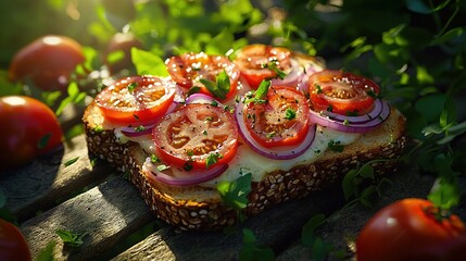 Poster -   Wooden table with onions and cheese sandwich, surrounded by green leaves and tomatoes