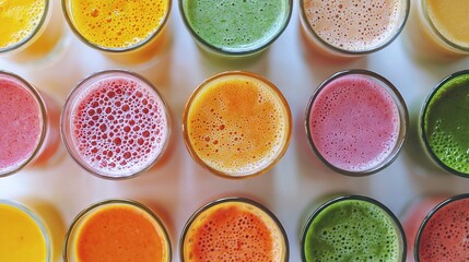 Wall Mural -  A cluster of colorful juice glasses on a white tabletop