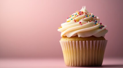 Experience the delightful sweetness of a vanilla cupcake featuring creamy white frosting adorned with vibrant sprinkles. Perfect for bakery advertising