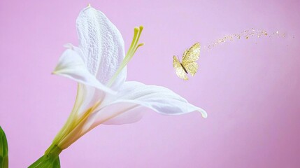 Sticker -   A flower with a butterfly nearby on a pink backdrop