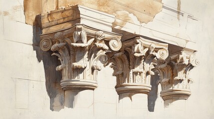 Wall Mural - posters depict marble or gypsum capitals, showcasing greek and roman architecture. hand-drawn illust
