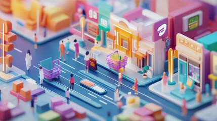 A 3D illustration showing how people shop online using apps and websites. It includes images related to digital marketing and online shopping carts.