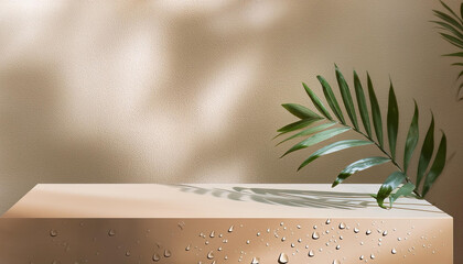 Wall Mural - sandstone podium for luxury product placement with palm leaf shadow in background natural stone mate