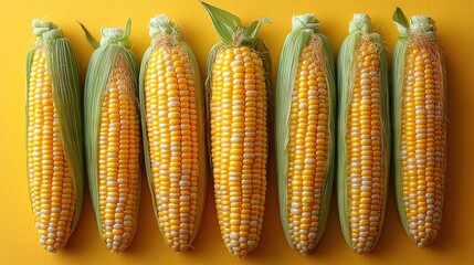 Canvas Print -   Four corn cobs arranged in a line on a yellow-yellow backdrop with a green stalk at the center