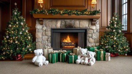 Sticker - A beautifully decorated fireplace sets an elegant holiday atmosphere with white teddy bears and festive presents surrounded by lush green and gold decor