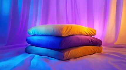 Wall Mural -   A bed with pillows stacked on top, in front of a purple-blue curtain, illuminated by sunlight