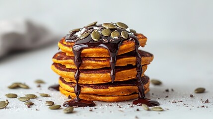 Canvas Print -   A pile of pancakes with chocolate poured over and pumpkin seeds on top