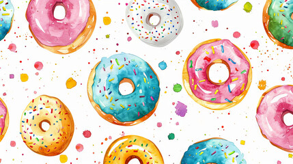 Wall Mural - Colorful Watercolor Donut Pattern Featuring Pink, Chocolate, and Sprinkle Varieties. Concept of Sweet Treats, Vibrant Art, and Dessert Delight. Background