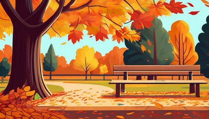 Canvas Print - Autumn leaves fall around a bench