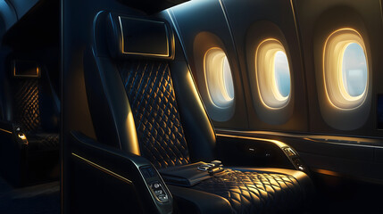 Luxury first-class airplane seat for business or vacation travel, featuring plush leather, reclining, personal screen, soft lighting, and elegant finishes, exuding comfort and sophistication.