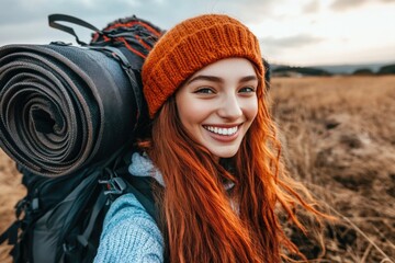 Adventurous redhead woman hiking with backpack in scenic autumn landscape