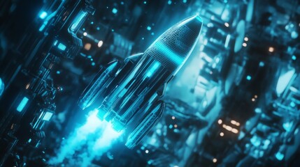 Aufkleber - A sleek rocket ascends into the cosmos, surrounded by intricate, glowing structures that emit blue light