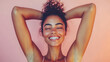 © StockSavant - Close-up portrait of a happy, beautiful woman with clean, fresh skin on a pastel background, showing her armpits and raising her arms in a front view, studio shot, photorealistic, soft lighting